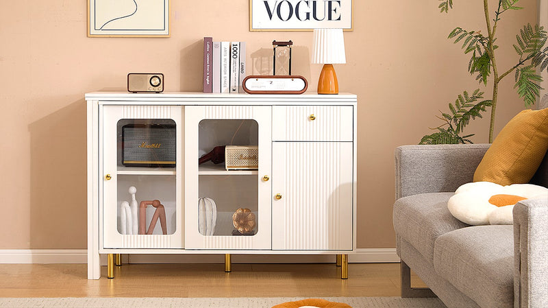 Buffet Extensible Multifonctionnel Blanc avec Plateau Rotatif, Portes Coulissantes en Verre et Pieds Dorés KHUKAET