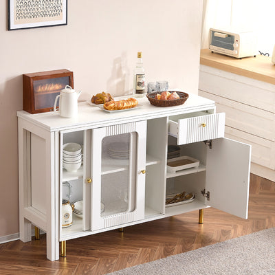 Buffet Extensible Multifonctionnel Blanc avec Plateau Rotatif, Portes Coulissantes en Verre et Pieds Dorés KHUKAET