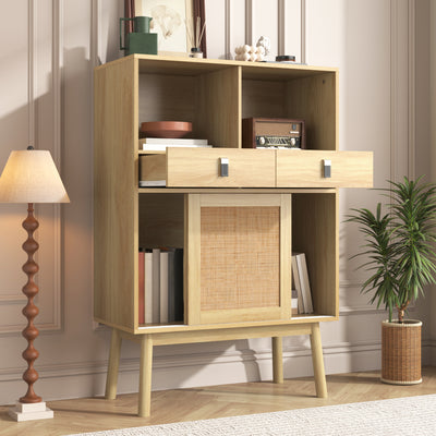 Buffet Haut en Bois avec Rotin Véritable, Tiroirs et Espaces Ouverts - Design Moderne KOGZOLS