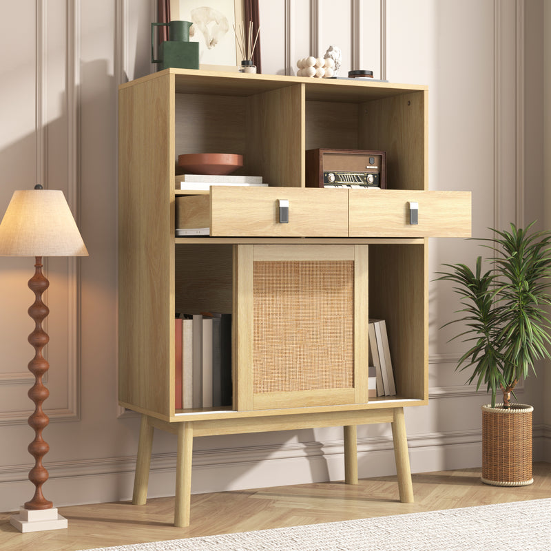 Buffet Haut en Bois avec Rotin Véritable, Tiroirs et Espaces Ouverts - Design Moderne KOGZOLS