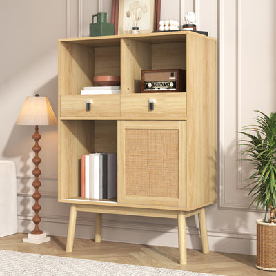 Buffet Haut en Bois avec Rotin Véritable, Tiroirs et Espaces Ouverts - Design Moderne KOGZOLS