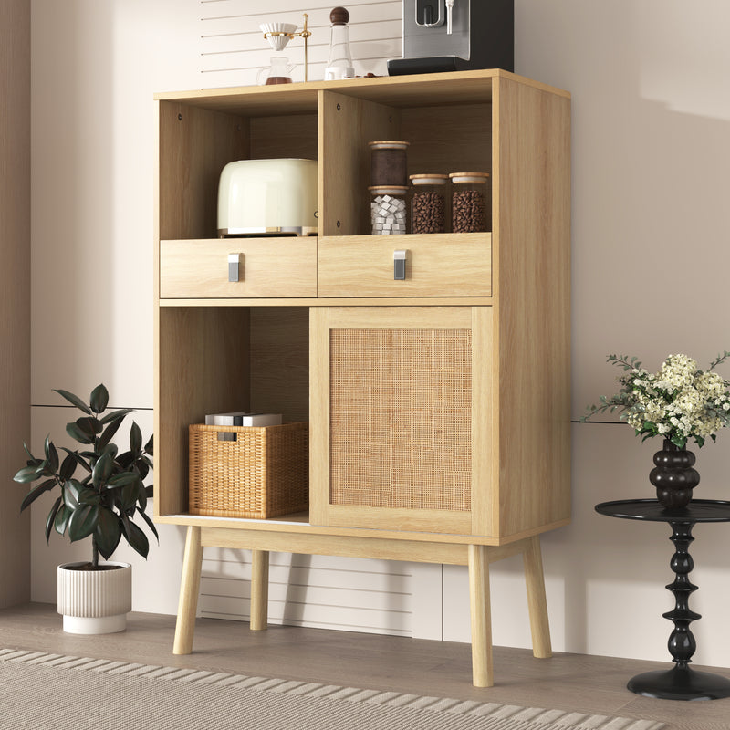 Buffet Haut en Bois avec Rotin Véritable, Tiroirs et Espaces Ouverts - Design Moderne KOGZOLS