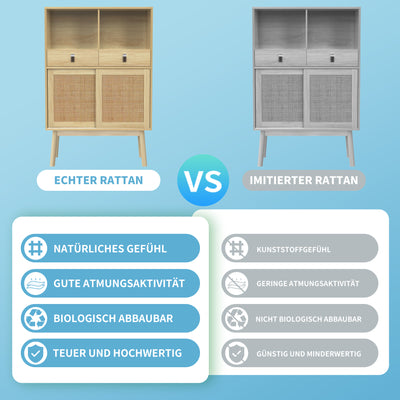 Buffet Haut en Bois avec Rotin Véritable, Tiroirs et Espaces Ouverts - Design Moderne KOGZOLS