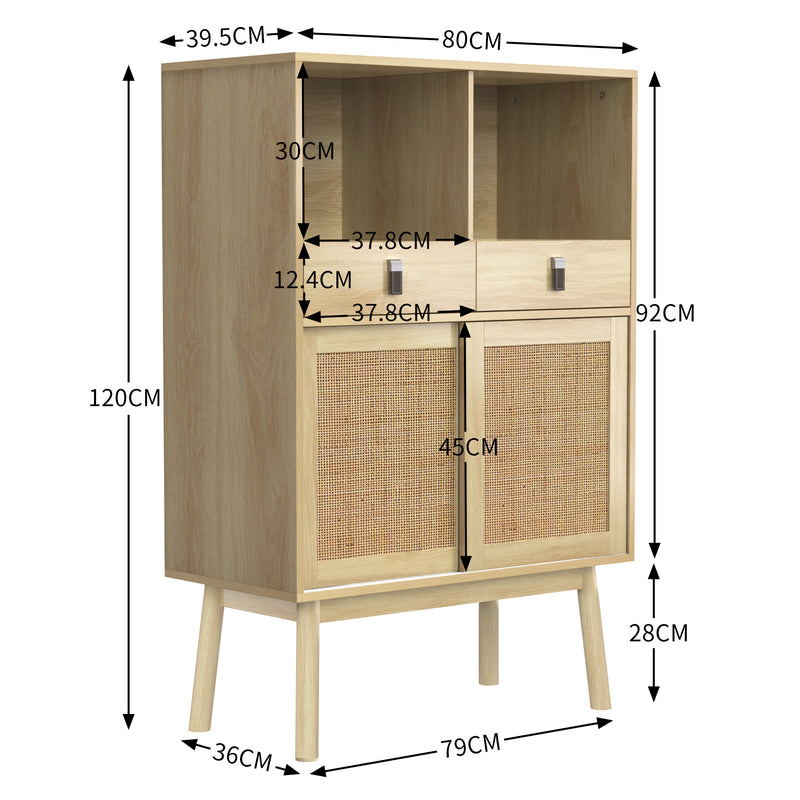 Buffet Haut en Bois avec Rotin Véritable, Tiroirs et Espaces Ouverts - Design Moderne KOGZOLS