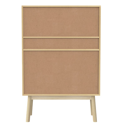 Buffet Haut en Bois avec Rotin Véritable, Tiroirs et Espaces Ouverts - Design Moderne KOGZOLS