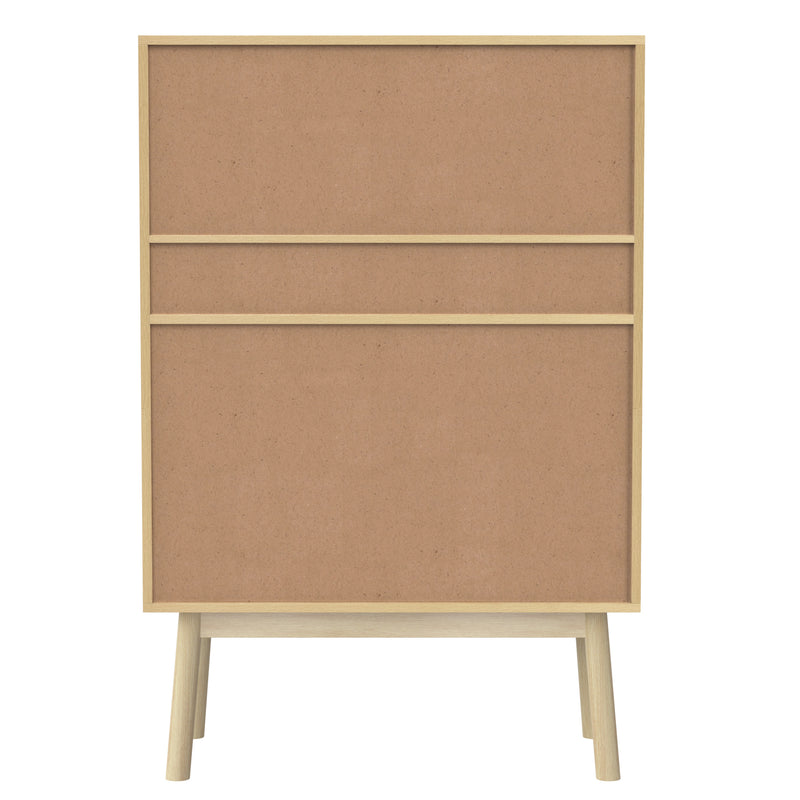 Buffet Haut en Bois avec Rotin Véritable, Tiroirs et Espaces Ouverts - Design Moderne KOGZOLS