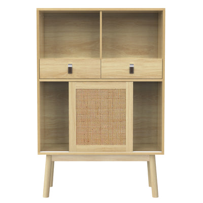 Buffet Haut en Bois avec Rotin Véritable, Tiroirs et Espaces Ouverts - Design Moderne KOGZOLS