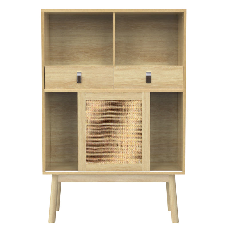 Buffet Haut en Bois avec Rotin Véritable, Tiroirs et Espaces Ouverts - Design Moderne KOGZOLS
