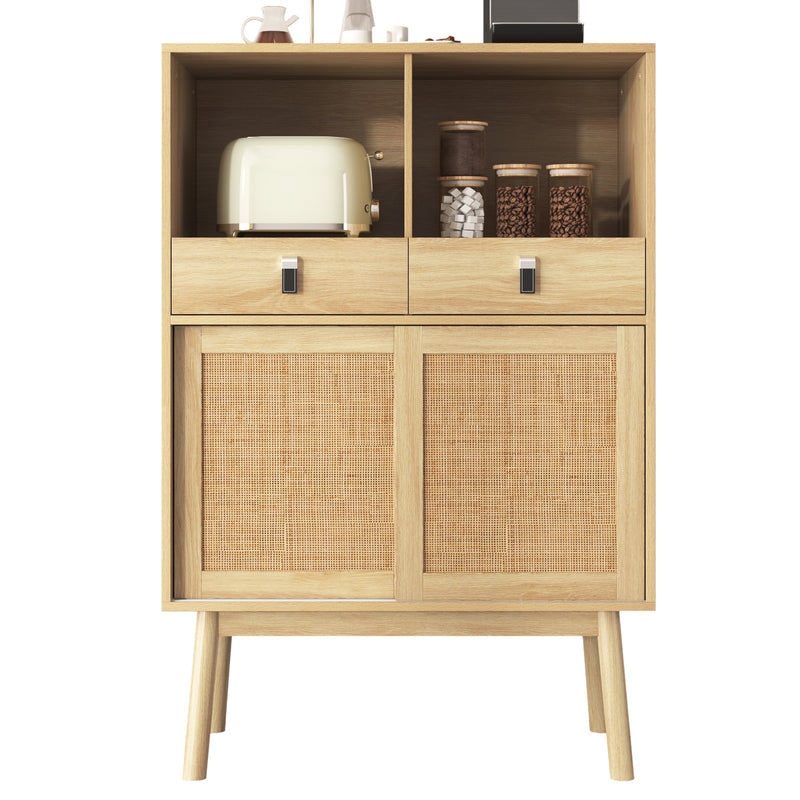 Buffet Haut en Bois avec Rotin Véritable, Tiroirs et Espaces Ouverts - Design Moderne KOGZOLS