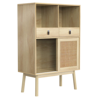 Buffet Haut en Bois avec Rotin Véritable, Tiroirs et Espaces Ouverts - Design Moderne KOGZOLS