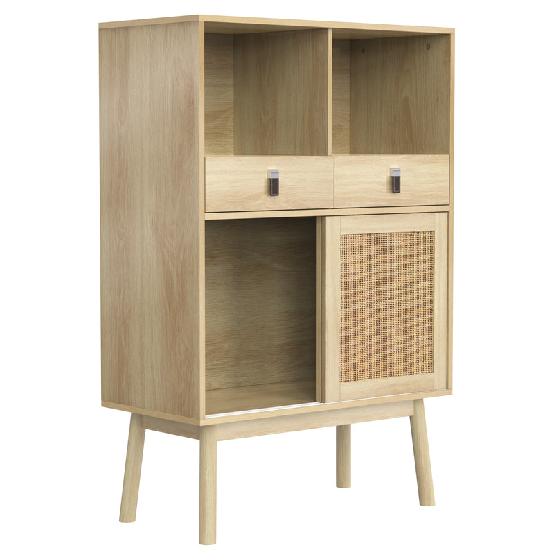 Buffet Haut en Bois avec Rotin Véritable, Tiroirs et Espaces Ouverts - Design Moderne KOGZOLS