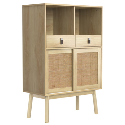 Buffet Haut en Bois avec Rotin Véritable, Tiroirs et Espaces Ouverts - Design Moderne KOGZOLS