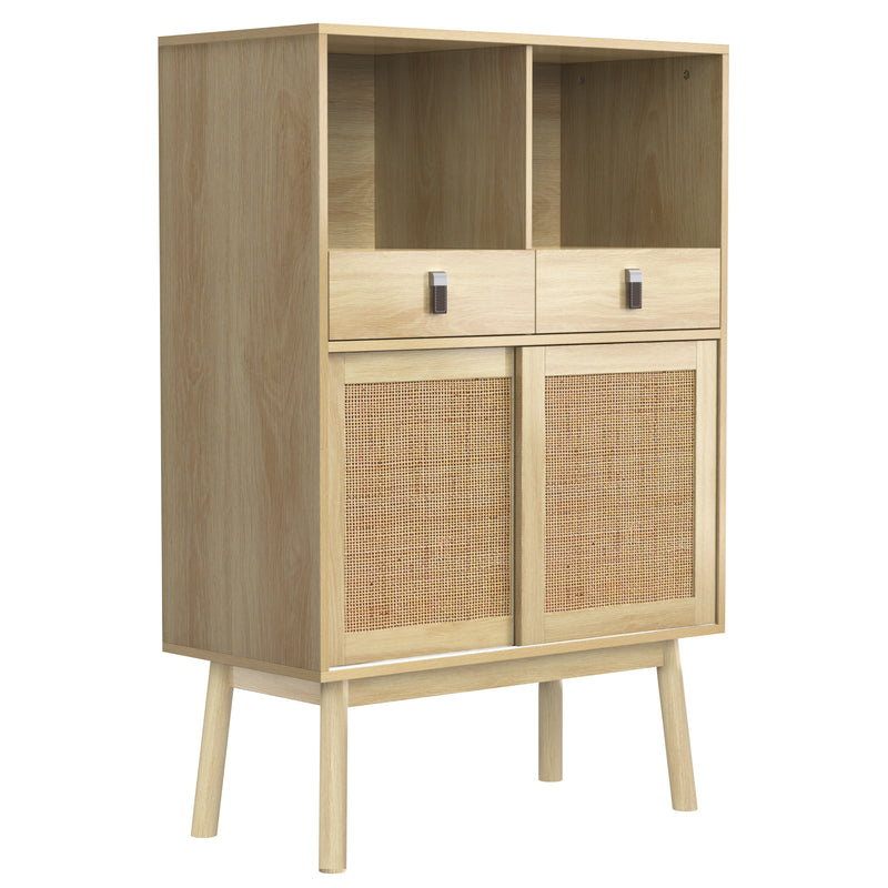 Buffet Haut en Bois avec Rotin Véritable, Tiroirs et Espaces Ouverts - Design Moderne KOGZOLS