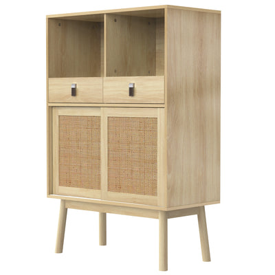 Buffet Haut en Bois avec Rotin Véritable, Tiroirs et Espaces Ouverts - Design Moderne KOGZOLS