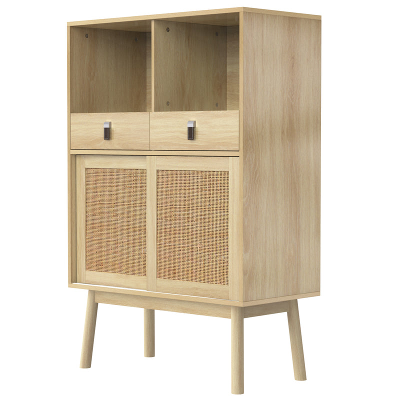 Buffet Haut en Bois avec Rotin Véritable, Tiroirs et Espaces Ouverts - Design Moderne KOGZOLS