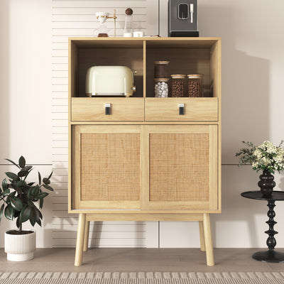 Buffet Haut en Bois avec Rotin Véritable, Tiroirs et Espaces Ouverts - Design Moderne KOGZOLS