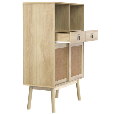 Buffet Haut en Bois avec Rotin Véritable, Tiroirs et Espaces Ouverts - Design Moderne KOGZOLS
