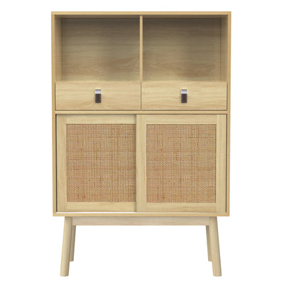 Buffet Haut en Bois avec Rotin Véritable, Tiroirs et Espaces Ouverts - Design Moderne KOGZOLS