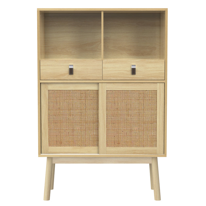 Buffet Haut en Bois avec Rotin Véritable, Tiroirs et Espaces Ouverts - Design Moderne KOGZOLS