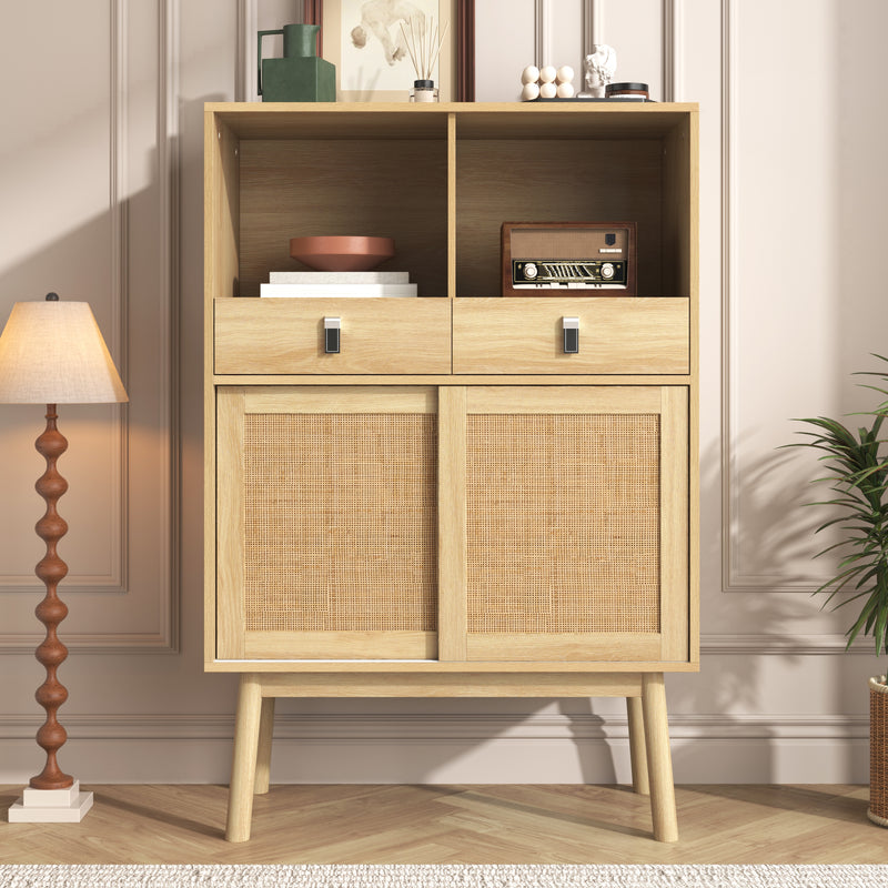 Buffet Haut en Bois avec Rotin Véritable, Tiroirs et Espaces Ouverts - Design Moderne KOGZOLS