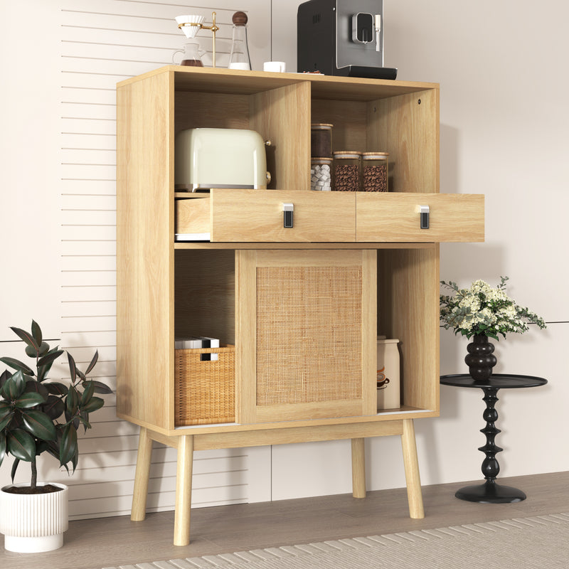 Buffet Haut en Bois avec Rotin Véritable, Tiroirs et Espaces Ouverts - Design Moderne KOGZOLS