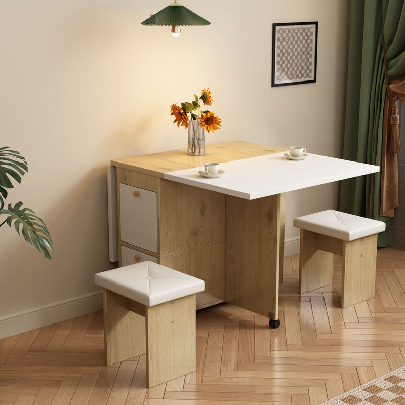 Ensemble Table de Salle à Manger Pliable Extensible Blanc & Chêne avec 4 Chaises Escamotables (Design Compact et Moderne) KONQRILS WHITE