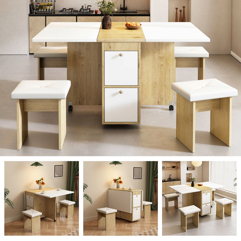 Ensemble Table de Salle à Manger Pliable Extensible Blanc & Chêne avec 4 Chaises Escamotables (Design Compact et Moderne) KONQRILS WHITE