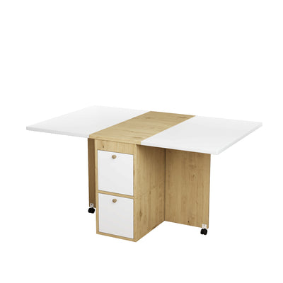 Ensemble Table de Salle à Manger Pliable Extensible Blanc & Chêne avec 4 Chaises Escamotables (Design Compact et Moderne) KONQRILS WHITE