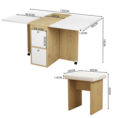 Ensemble Table de Salle à Manger Pliable Extensible Blanc & Chêne avec 4 Chaises Escamotables (Design Compact et Moderne) KONQRILS WHITE