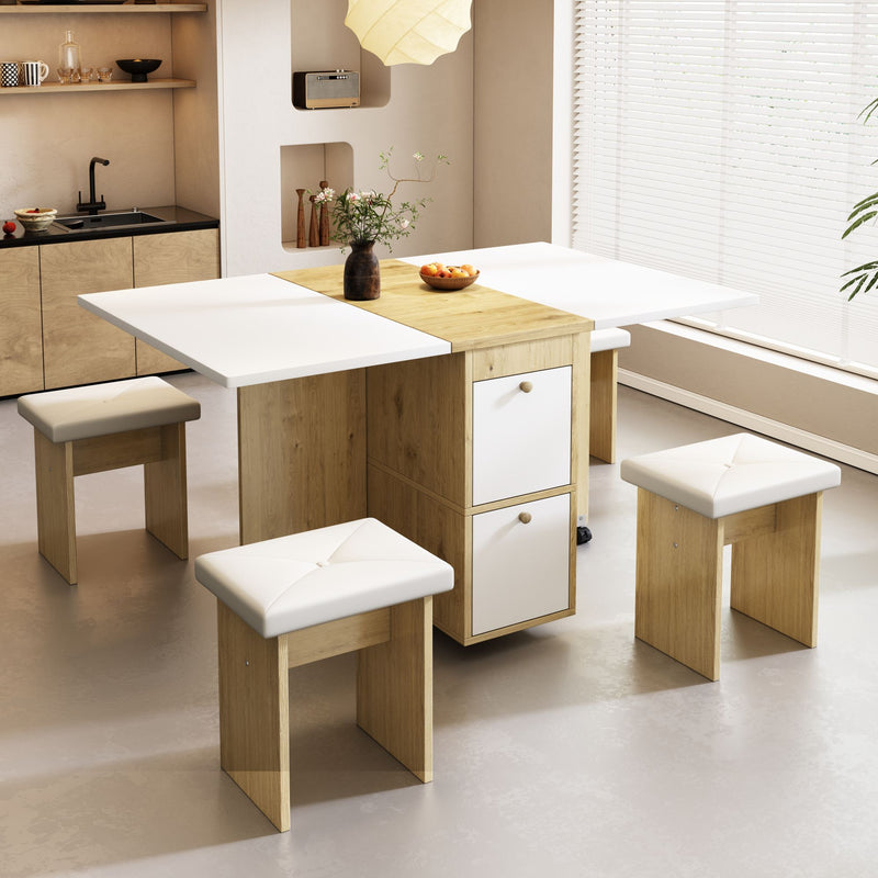 Ensemble Table de Salle à Manger Pliable Extensible Blanc & Chêne avec 4 Chaises Escamotables (Design Compact et Moderne) KONQRILS WHITE