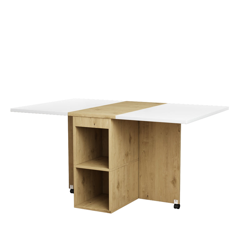 Ensemble Table de Salle à Manger Pliable Extensible Blanc & Chêne avec 4 Chaises Escamotables (Design Compact et Moderne) KONQRILS WHITE
