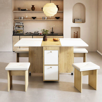 Ensemble Table de Salle à Manger Pliable Extensible Blanc & Chêne avec 4 Chaises Escamotables (Design Compact et Moderne) KONQRILS WHITE