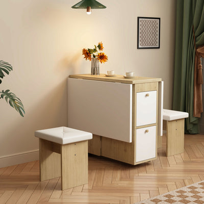 Ensemble Table de Salle à Manger Pliable Extensible Blanc & Chêne avec 4 Chaises Escamotables (Design Compact et Moderne) KONQRILS WHITE