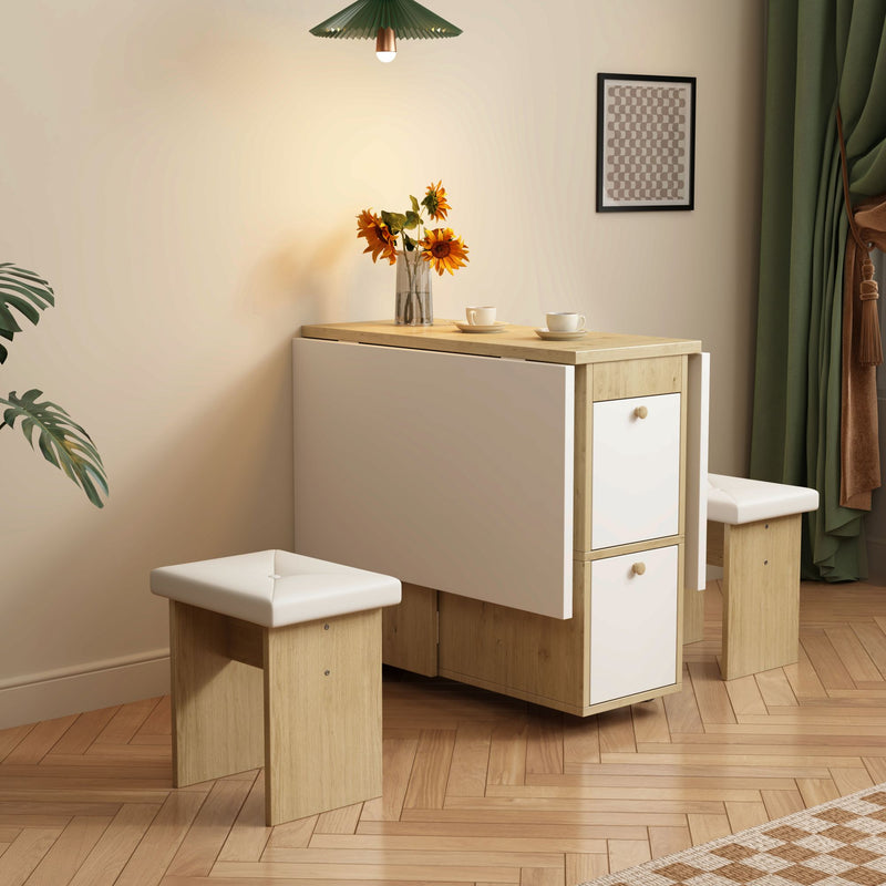 Ensemble Table de Salle à Manger Pliable Extensible Blanc & Chêne avec 4 Chaises Escamotables (Design Compact et Moderne) KONQRILS WHITE