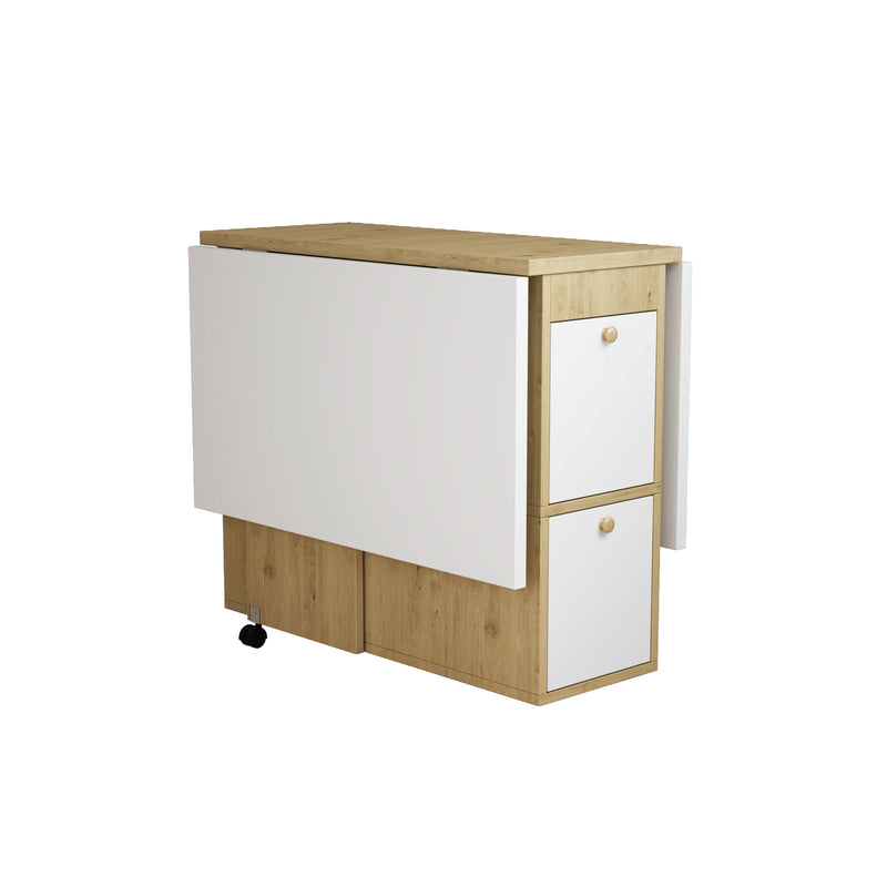 Ensemble Table de Salle à Manger Pliable Extensible Blanc & Chêne avec 4 Chaises Escamotables (Design Compact et Moderne) KONQRILS WHITE