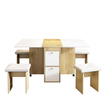 Ensemble Table de Salle à Manger Pliable Extensible Blanc & Chêne avec 4 Chaises Escamotables (Design Compact et Moderne) KONQRILS WHITE