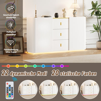 Buffet LED Multifonctionnel Blanc avec 20 Couleurs, Portes Striées et 3 Tiroirs KRAUDREL