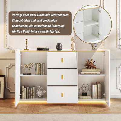 Buffet LED Multifonctionnel Blanc avec 20 Couleurs, Portes Striées et 3 Tiroirs KRAUDREL