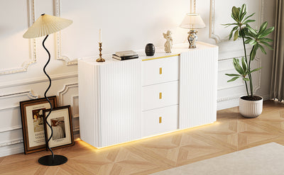Buffet LED Multifonctionnel Blanc avec 20 Couleurs, Portes Striées et 3 Tiroirs KRAUDREL