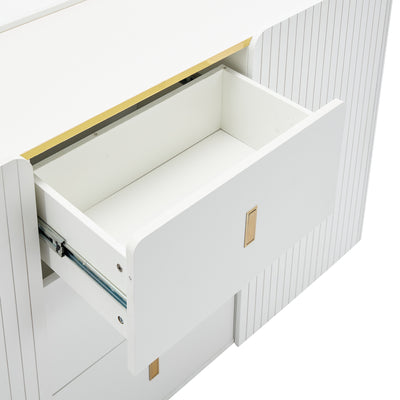Buffet LED Multifonctionnel Blanc avec 20 Couleurs, Portes Striées et 3 Tiroirs KRAUDREL