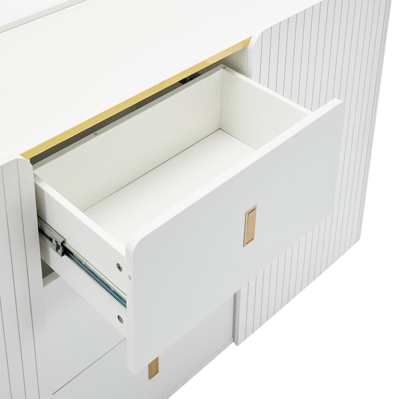 Buffet LED Multifonctionnel Blanc avec 20 Couleurs, Portes Striées et 3 Tiroirs KRAUDREL
