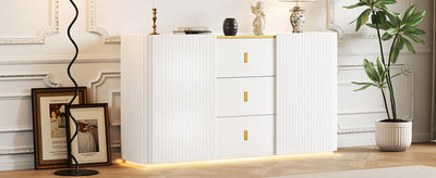 Buffet LED Multifonctionnel Blanc avec 20 Couleurs, Portes Striées et 3 Tiroirs KRAUDREL