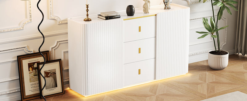Buffet LED Multifonctionnel Blanc avec 20 Couleurs, Portes Striées et 3 Tiroirs KRAUDREL