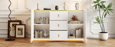 Buffet LED Multifonctionnel Blanc avec 20 Couleurs, Portes Striées et 3 Tiroirs KRAUDREL