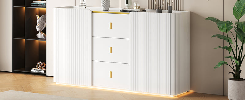Buffet LED Multifonctionnel Blanc avec 20 Couleurs, Portes Striées et 3 Tiroirs KRAUDREL