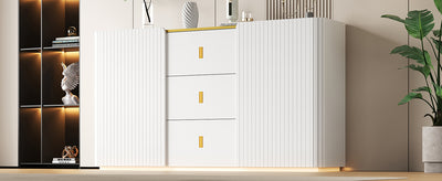 Buffet LED Multifonctionnel Blanc avec 20 Couleurs, Portes Striées et 3 Tiroirs KRAUDREL