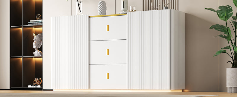 Buffet LED Multifonctionnel Blanc avec 20 Couleurs, Portes Striées et 3 Tiroirs KRAUDREL