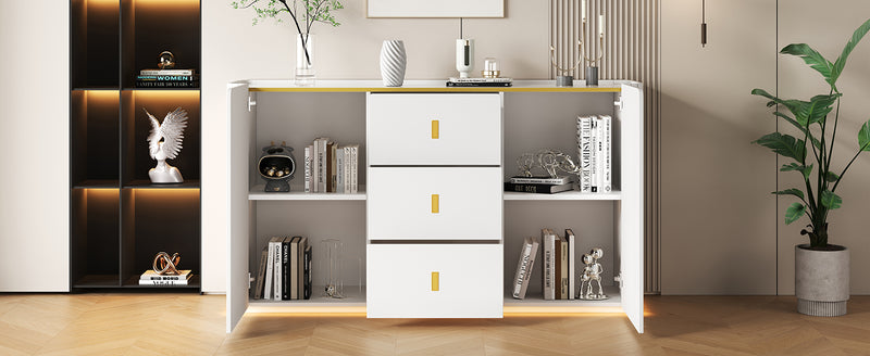 Buffet LED Multifonctionnel Blanc avec 20 Couleurs, Portes Striées et 3 Tiroirs KRAUDREL