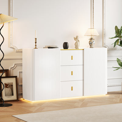 Buffet LED Multifonctionnel Blanc avec 20 Couleurs, Portes Striées et 3 Tiroirs KRAUDREL