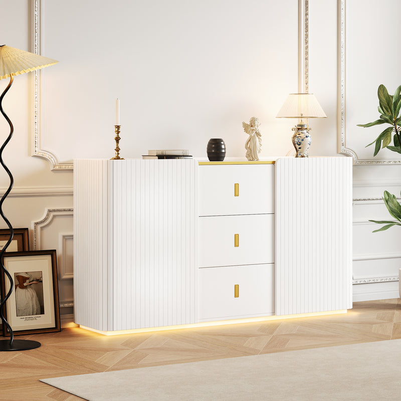 Buffet LED Multifonctionnel Blanc avec 20 Couleurs, Portes Striées et 3 Tiroirs KRAUDREL
